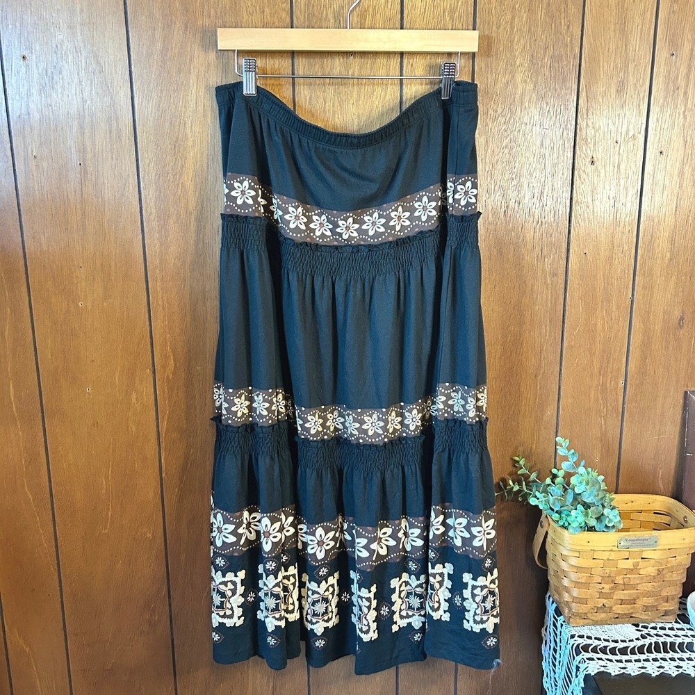 Covington XL Floral Brown Tiered Boho Maxi Skirt Elastic Waist Plus Size